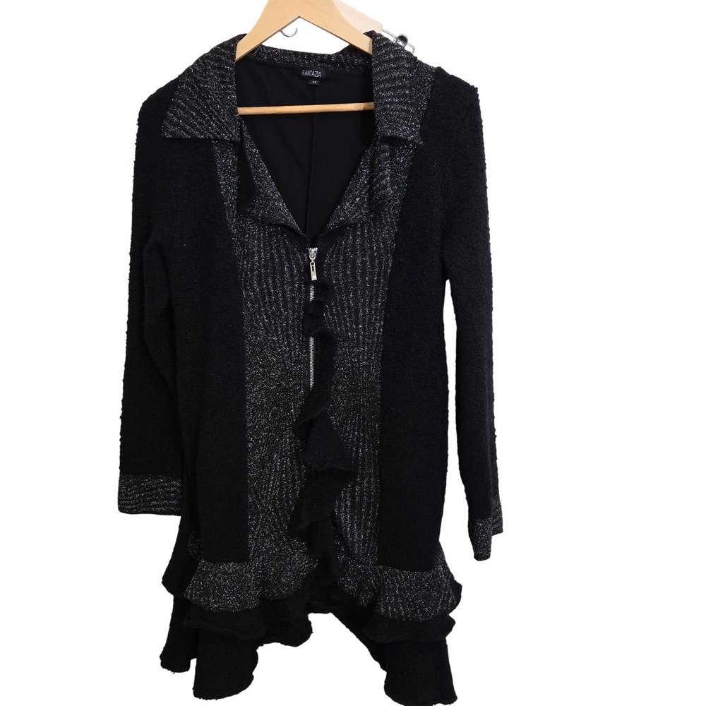 Fantazia Black Textured Glitter Trim Zipper Front Cardigan Jacket Women's M‎